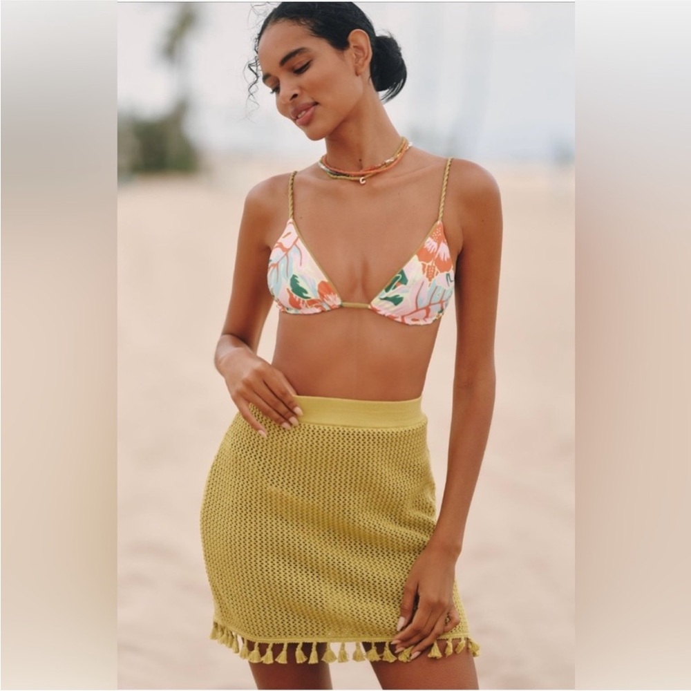 Anthropologie NWT Celandine Crochet Tassel Mini Skirt in Citron Yellow XS